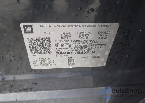 2020 Chevrolet Equinox Awd Lt 1.5L Turbo z USA, uszkodzony, nr VIN 2GNAXUEV5L6100514